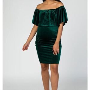 Pinkblush My Bump Forest Green Velvet Off Shoulder Ruched Fitted Maternity Dress